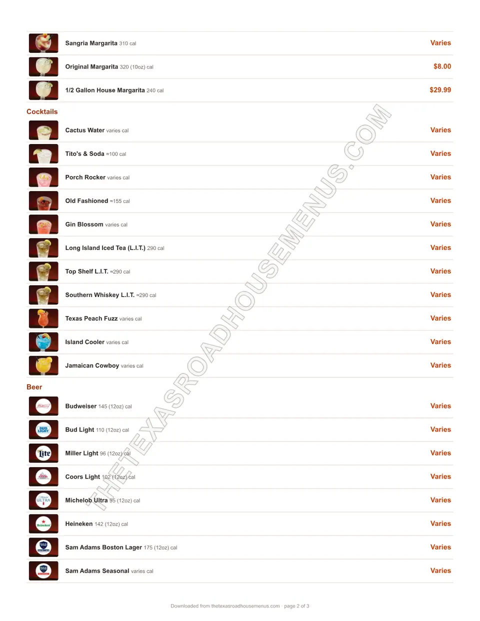 Texas Roadhouse Drink Menu PDF, page 2 of 3