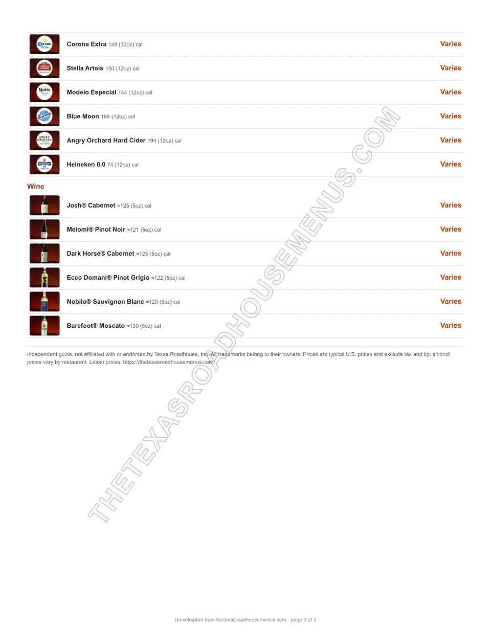 Texas Roadhouse Drink Menu PDF, page 3 of 3